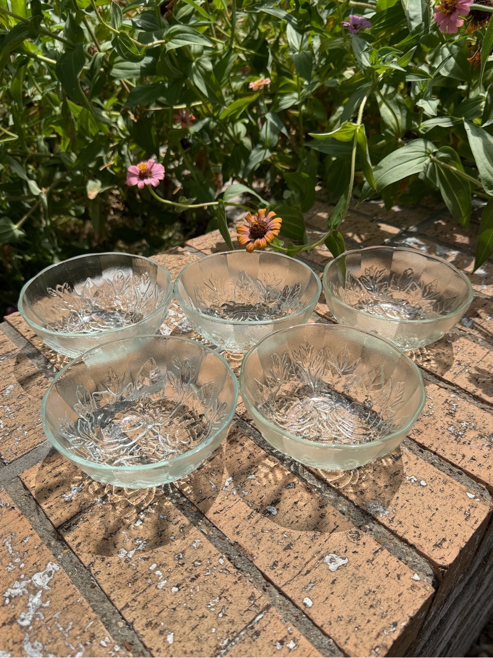 VTG Set of 5 Pasari "Livia" Rose clear pressed glass dessert, fruit, salad bowls